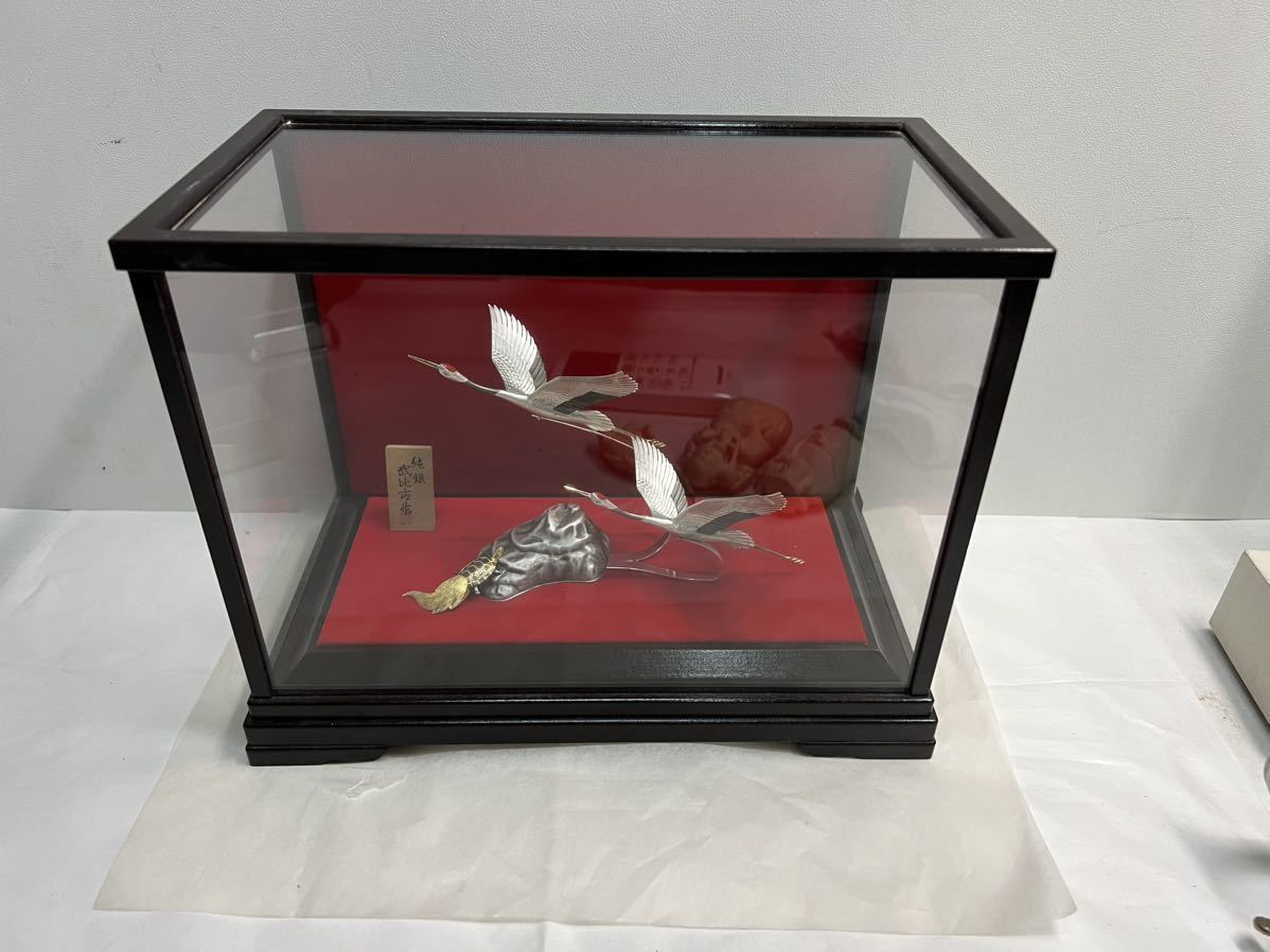 銀製 宝船 鳳凰 舟 ガラスケース 置物