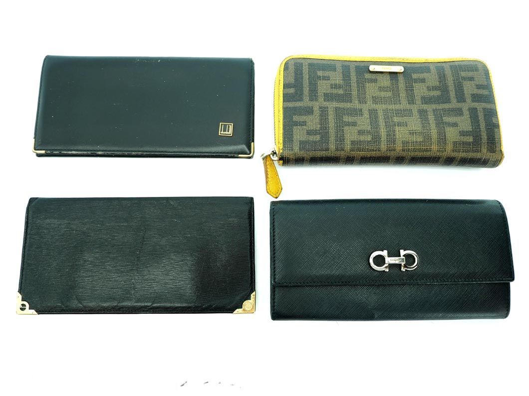 Salvatore Ferragamo サルヴァトーレフェラガモ dunhill FENDI 長財布 4点セット 黒ｘダークブラウンｘ黄 ■■◎ ☆ dac6 レディース