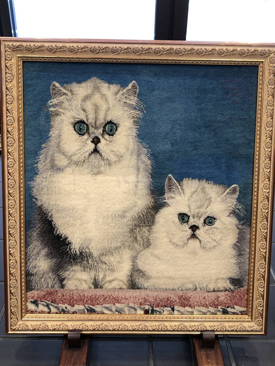 シルクウール手織絵画絨毯 [絨毯]41×46cm [額込]49×54 cm 手織り 猫 