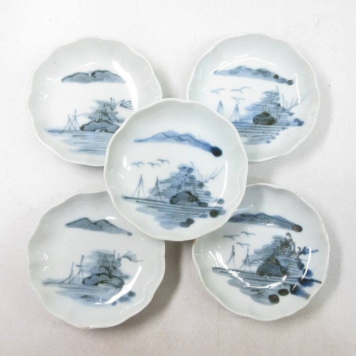 E4376】古美術 時代物 和骨董 古伊万里 江戸時代 染付 山水図 豆皿