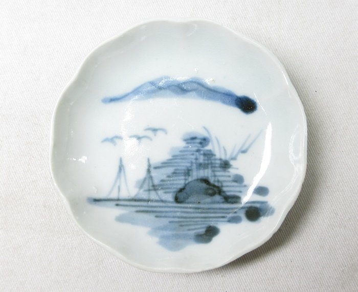E4376】古美術 時代物 和骨董 古伊万里 江戸時代 染付 山水図 豆皿