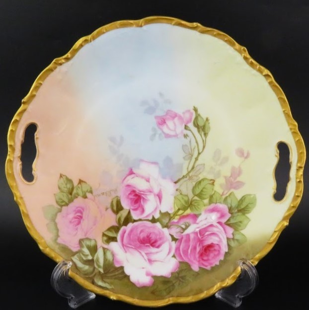 リモージュ 薔薇紋様手彩金彩 金縁 アーティストハンドペイント ハンドルプレート 持ち手付きケーキ皿 大皿 27㎝ 美品 ELITE 