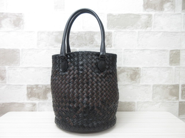 極美品■ボッテガヴェネタ BOTTEGAVENETA■イントレチャート■ハンドバッグ バッグ レザー ブラック×ブラウン ch7498