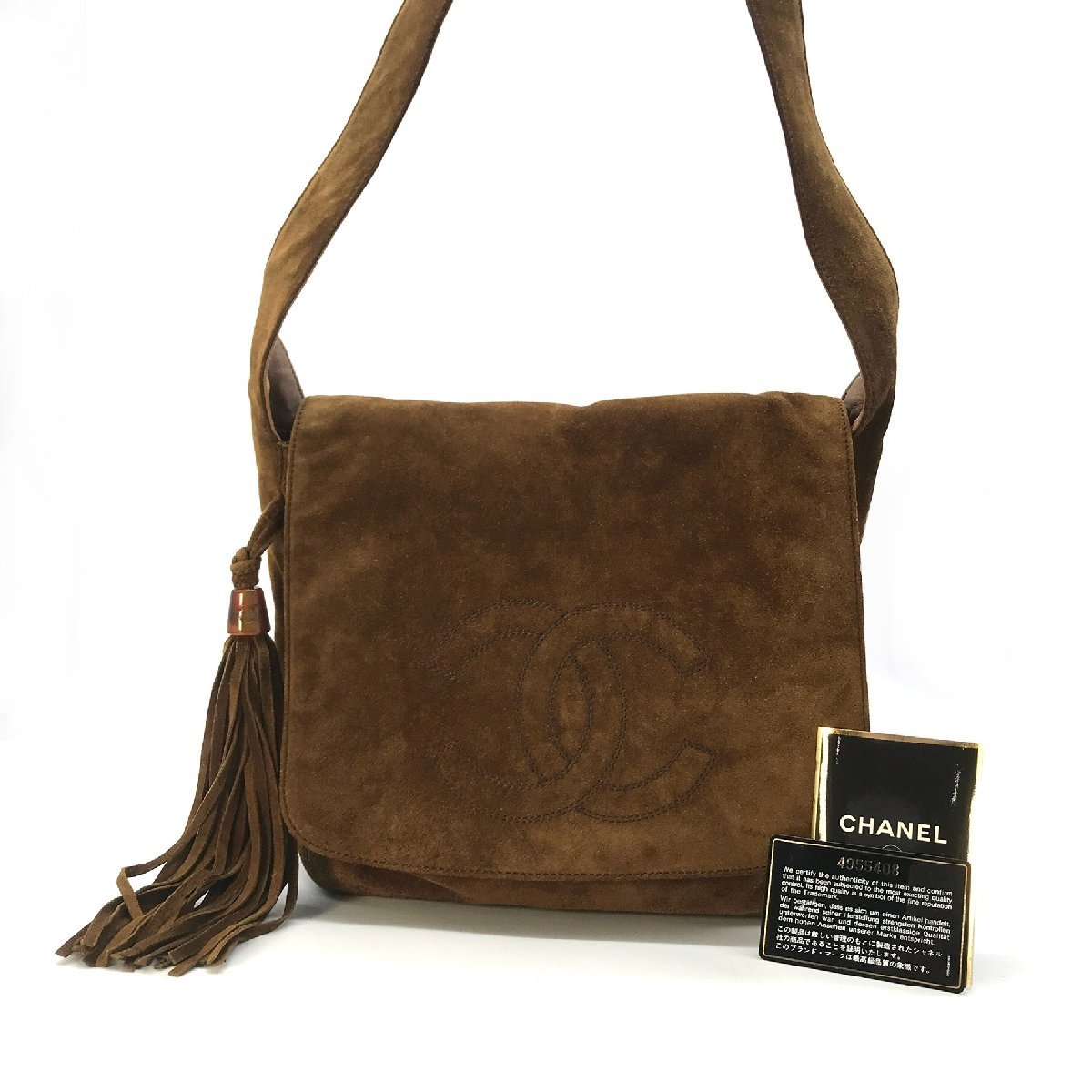 1円 良品 CHANEL シャネル デカココ スエード べっ甲 フリンジ 