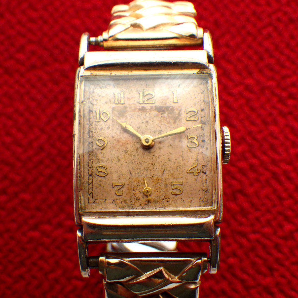 稀少★アンティーク グリュエンGRUEN 10金張りゴールドケース コッパー文字盤 スイス製 手巻腕時計 10金張り伸縮バンド付き