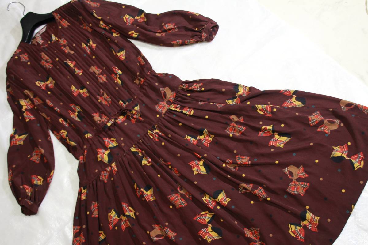 a2 良品 ピンクハウス リボン柄 ロング フレアー ワンピース 茶