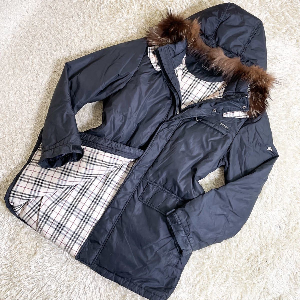 極暖☆バーバリーブラックレーベル BURBERRY BLACK LABEL ダウンジャケット L ノバチェック ファー ホース刺繍 ダウンコート 黒 ブラック
