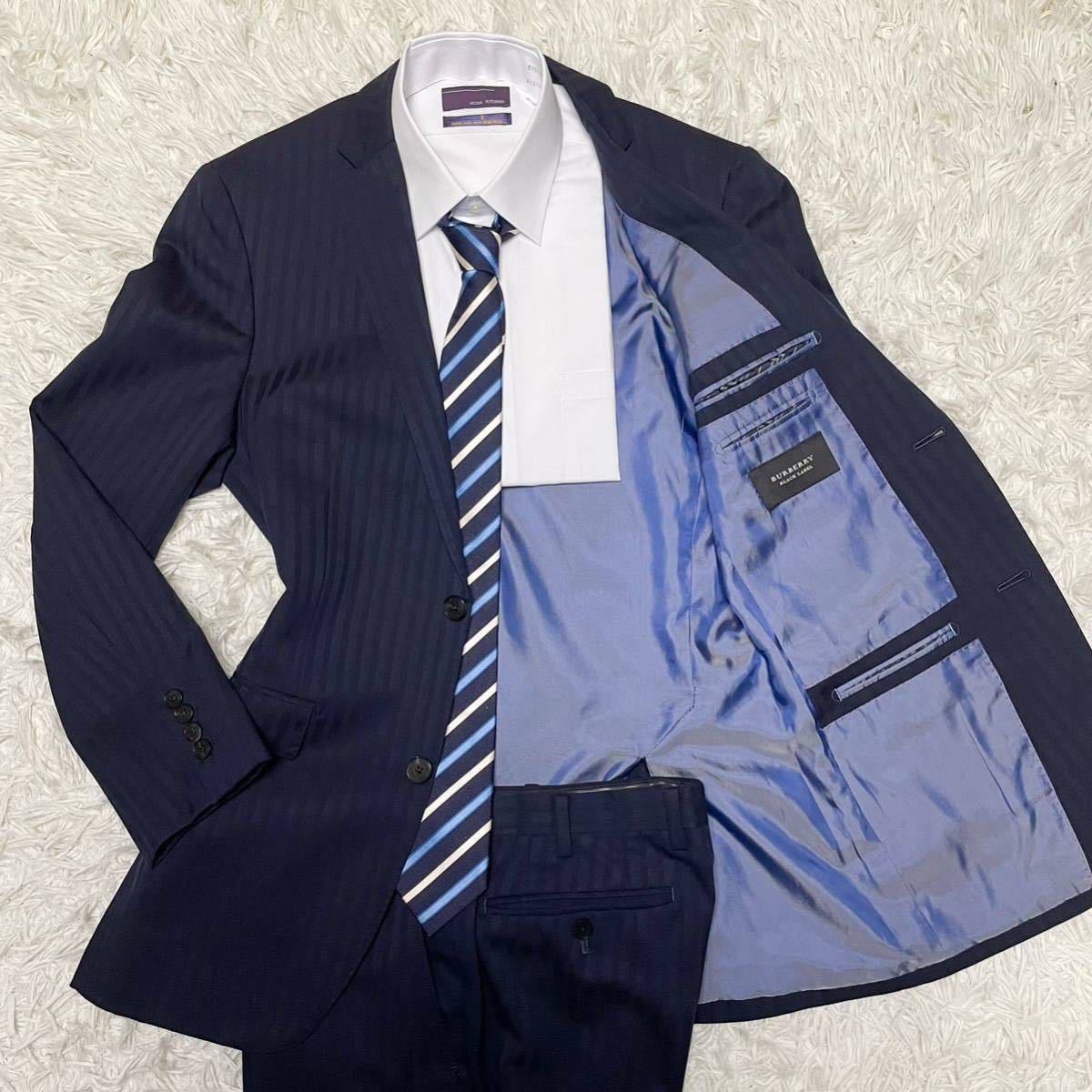【極上シルク 圧巻の光沢】 バーバリーブラックレーベル BURBERRY BLACK LABEL スーツ セットアップ Mサイズ ノバチェック 羊毛 ネイビー 
