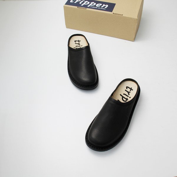 未使用 美品 trippen トリッペン Half YEN ハーフ イェン レザープレーントゥサンダル 38/ブラック 黒 つっかけ【2400013222662】