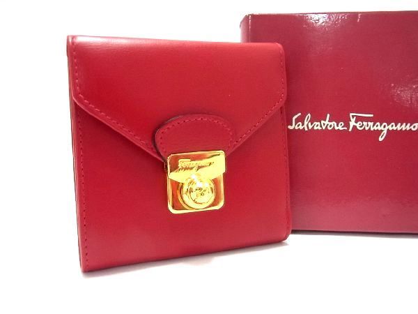 1円 □極美品□ Salvatore Ferragamo フェラガモ 22 4065 レザー 三 