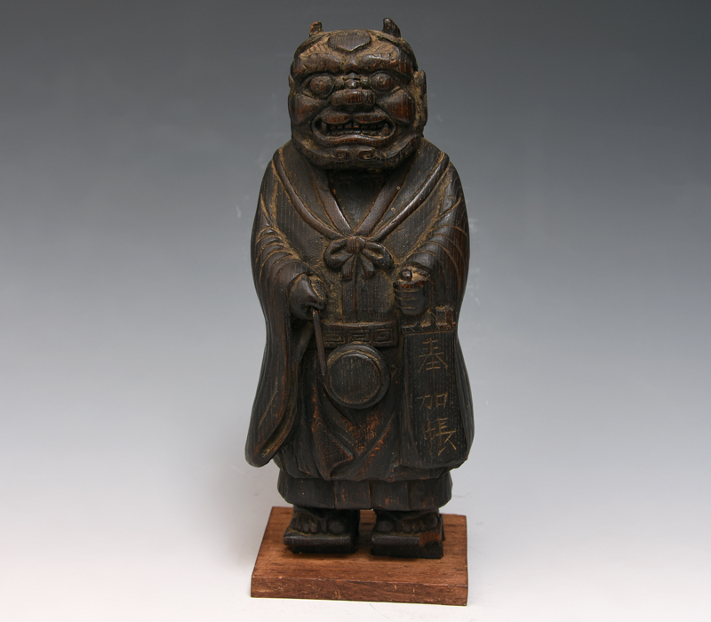 ミ*ん様 木彫り 鬼置物 彫刻 仏教美術おそらく江戸時代 江戸時代 木彫「鬼の念仏」置物 奉加帳 魔除け 高さ24㎝ 木工芸 大津絵