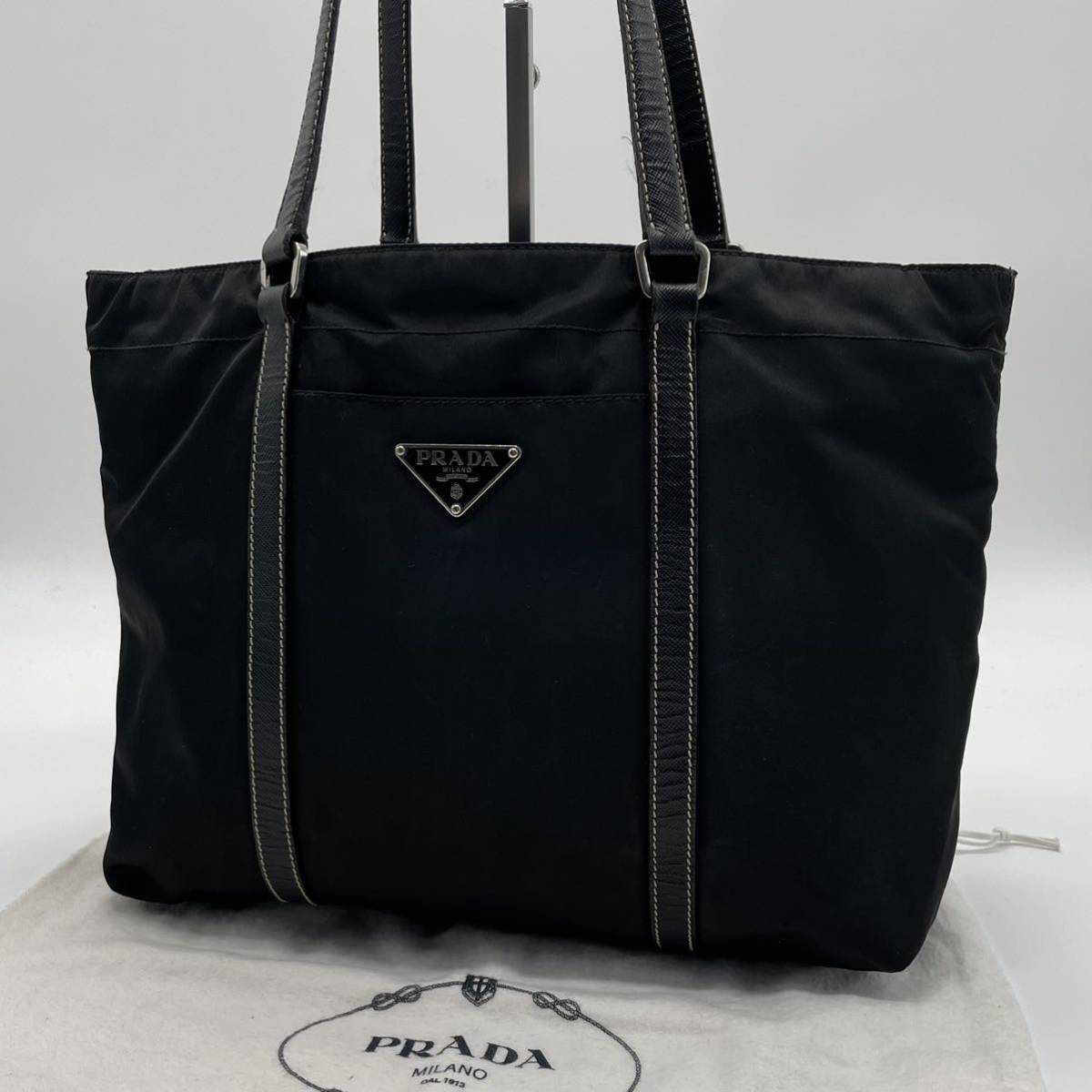 1円【高級】PRADA プラダ テスート ナイロン ミニ トートバッグ ハンドバッグ 肩掛け 三角ロゴ レザー 黒 ブラック シルバー金具 男女兼用