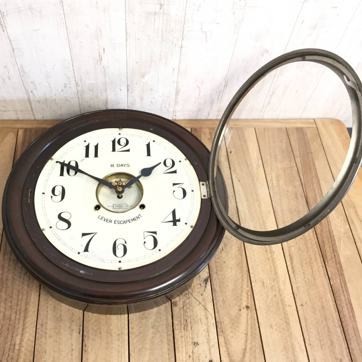▼エポック 掛時計 8DAYS ぜんまい式 木箱付 昭和初期購入 レトロ アンティーク LEVER ESCAPEMENT EPOCH