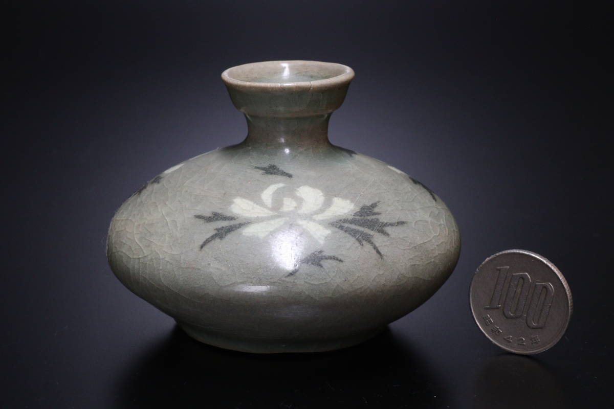 M 高麗青磁 李朝 花文 水滴 油壷 (4)