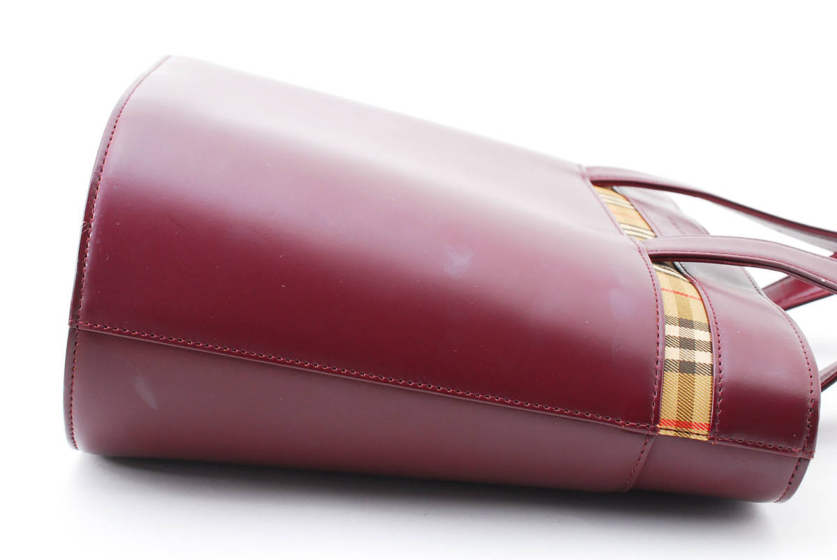 美品　バーバリー ノバチェック トートバッグ ボルドー レザー 肩掛け SALE，品質保証 1円 BURBERRY バーバリー ノバチェック レザー