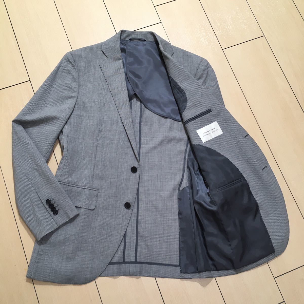 極美品★ユニバーサルランゲージ REDA社生地 テーラードジャケット 手裏剣格子織り サマーウール メンズ 春夏秋口 46-6Drop S位 A421