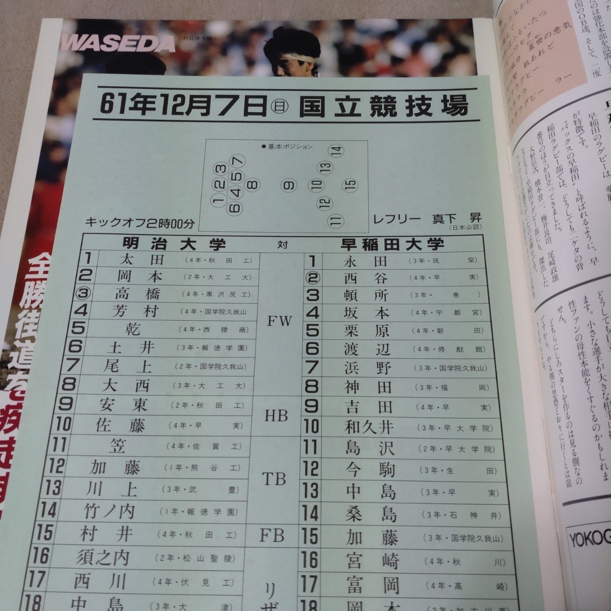 関東大学ラグビー対抗戦 '86観戦ガイド 早稲田編＆明治編 1986年