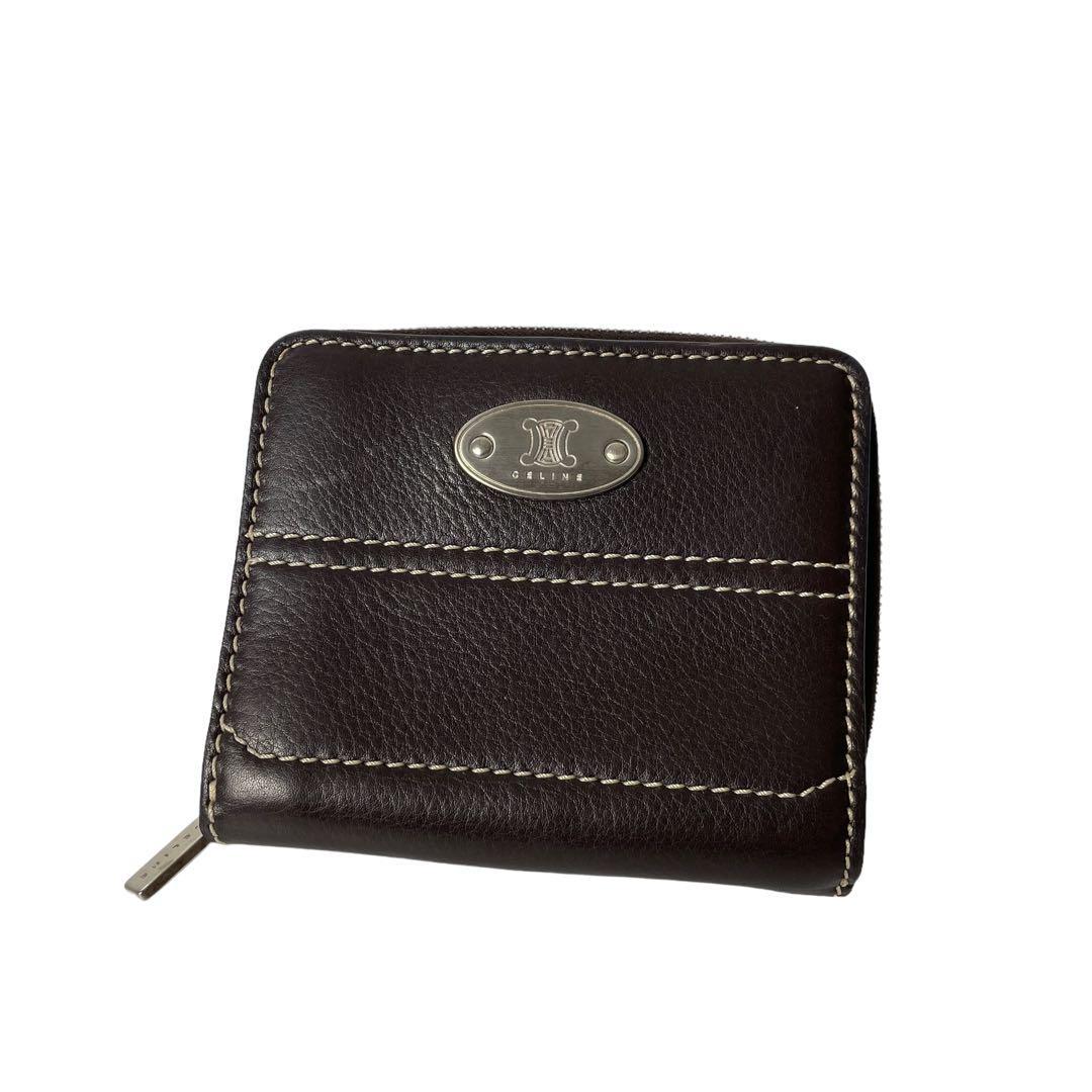 【美品】セリーヌ 二つ折り財布 レザー ブラウン　ロゴプレート