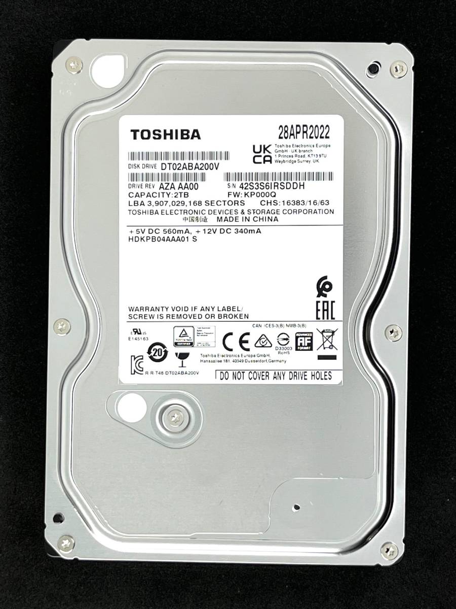 【送料無料】　★ 2TB ★　TOSHIBA / DT02ABA200V　【使用時間：164ｈ】 2022年製　稼働極少　3.5インチ内蔵HDD　AVコマンド対応