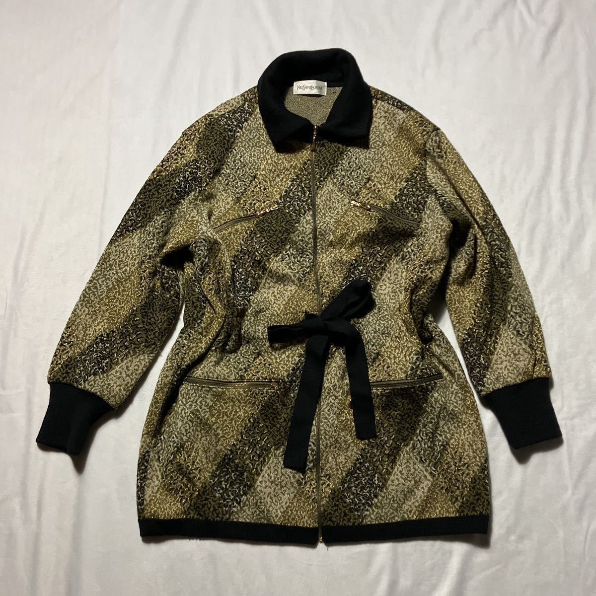 [E14] 1円 Yves saint laurent イヴ・サンローラン ジャケット ブルゾン ニット 総柄 ラメ加工 ゴールド サイズM バブル期