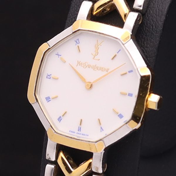 1円 稼働 良品 イヴサンローラン QZ 2200-226313 オクタゴン 白文字盤 レディース腕時計 2000000YSD