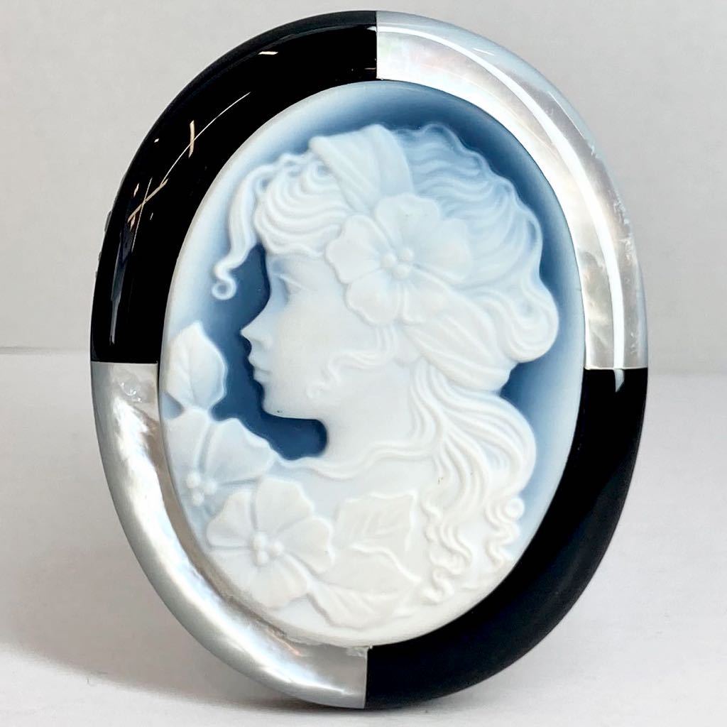 枠付き!!［ストーンカメオ21.7g］a 108.5ct 50.2×40.1mm 花 貴婦人 flower CAMEO アンティーク stone 繊細 ルース 宝石 