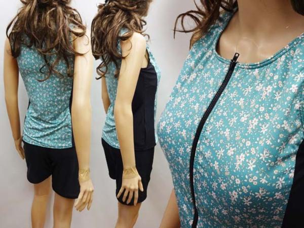 ※ ★１９号ＬＬ 前開 フィットネス水着 ブルーグリーン可愛い小花