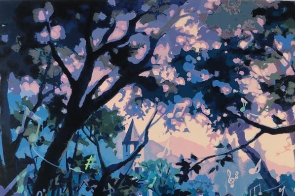 絵画 真作保証 笹倉鉄平「ヴァイオリンの森に」シルクスクリーン 820