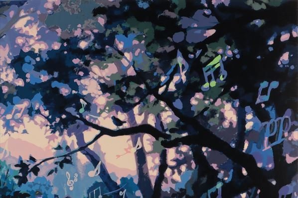 絵画 真作保証 笹倉鉄平「ヴァイオリンの森に」シルクスクリーン 820