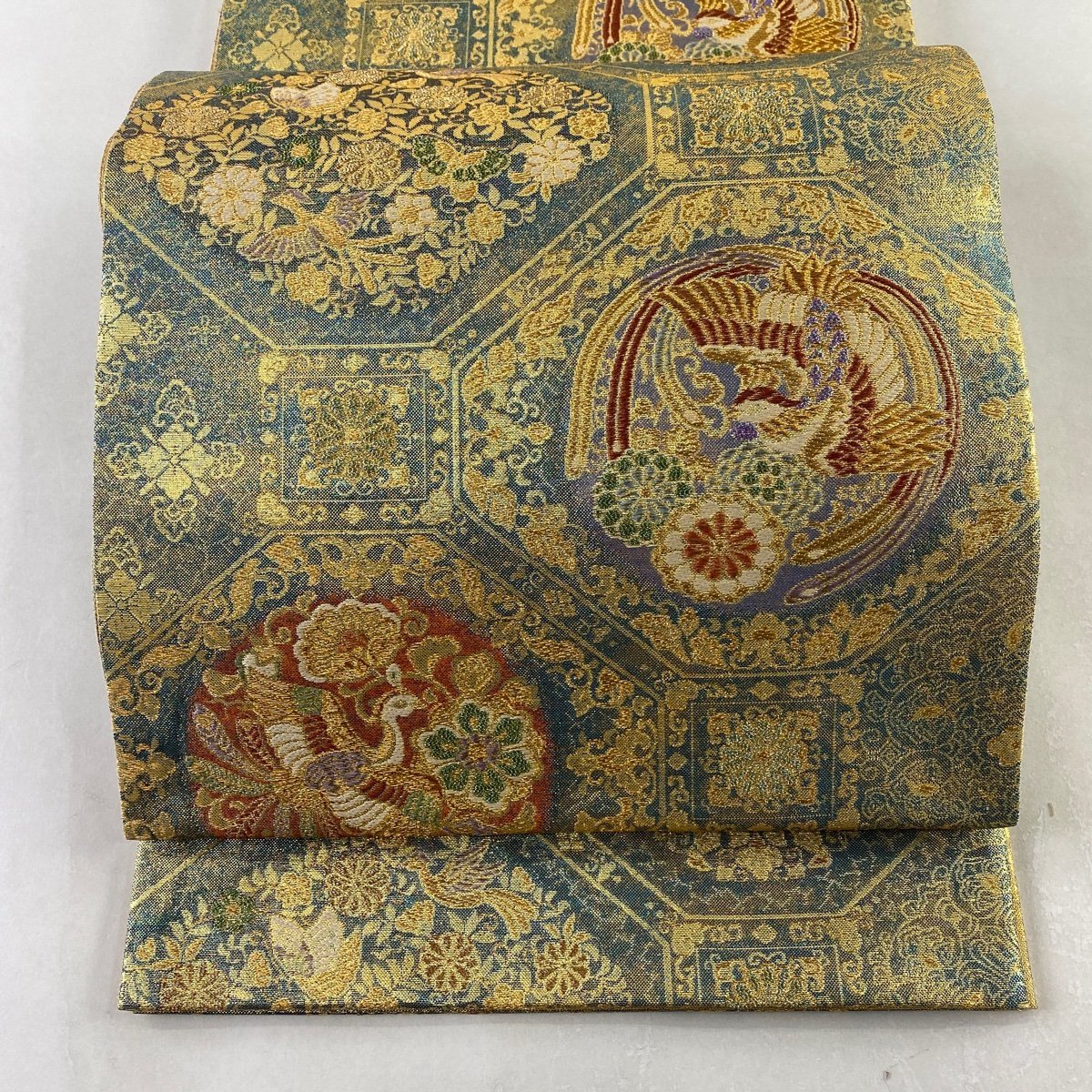袋帯 美品 秀品 蜀甲鳳凰唐花文 金糸 箔 水色 六通 正絹 【中古】