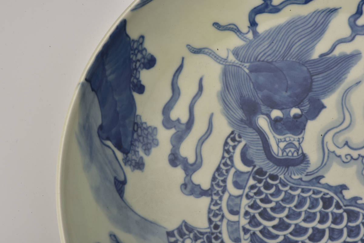 中国美術 染付 麒麟文大皿・唐物・中国古玩 清時代 送子盤 陶磁器
