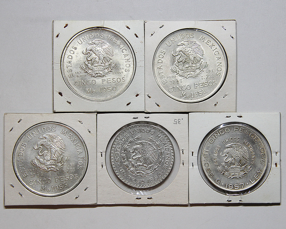 メキシコ ペソ 銀貨 5枚セット 外国 硬貨 貨幣 ☆ 銀貨 メキシコ CINCO PESOS 5ペソ 1950 など 5枚 / 古銭 硬貨