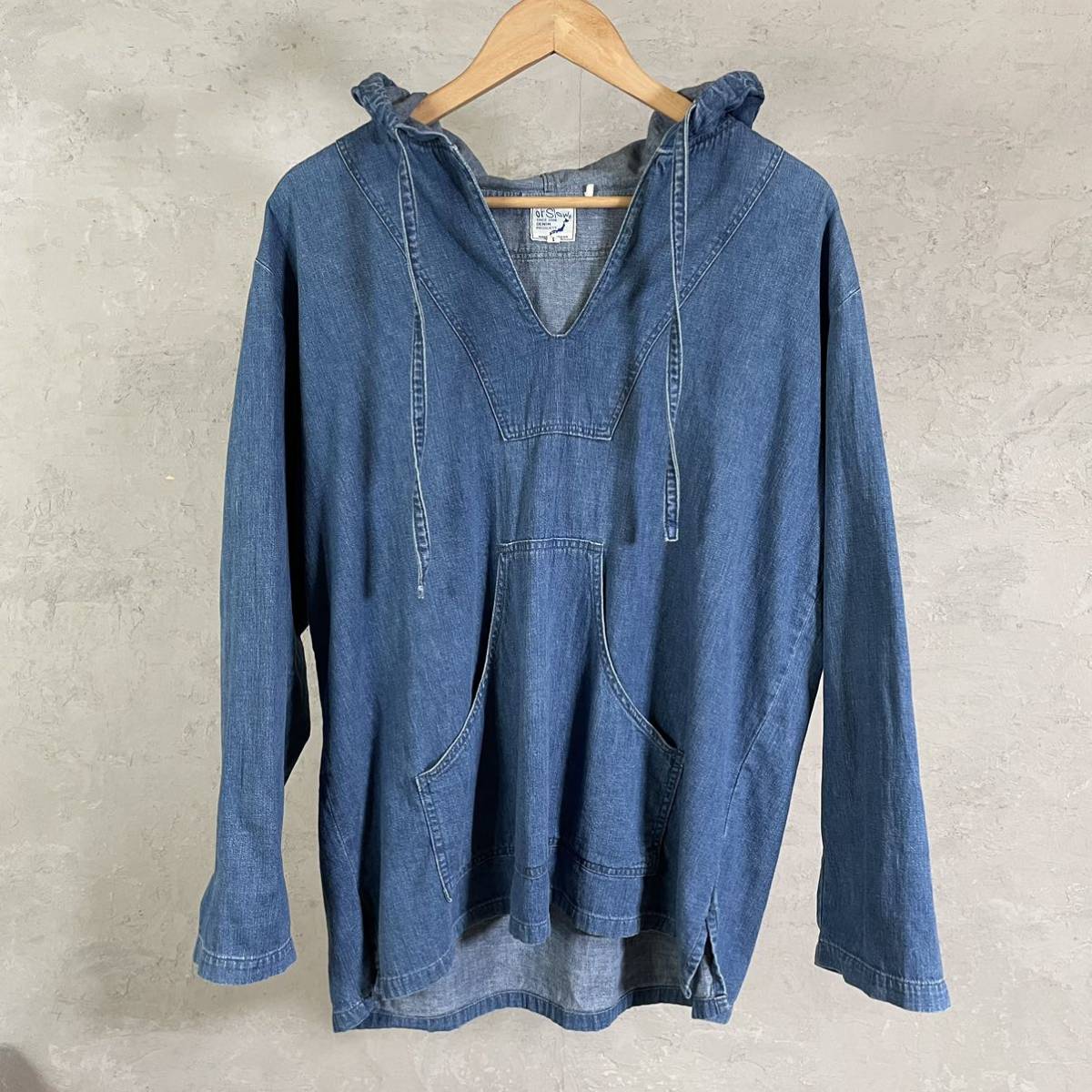 日本製 定価18，900円 orSlow デニム メキシカンパーカー made in japan 1 M 程度 パーカー シャンブレー インディゴ メキパ オアスロウ