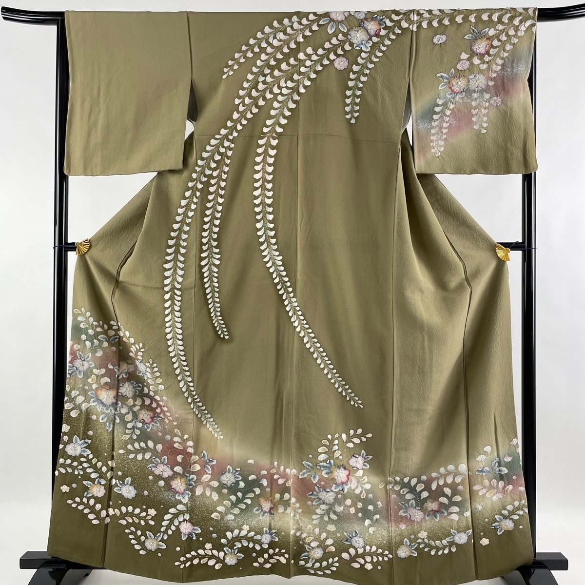 訪問着 名品 辻が花柄 金彩 ぼかし 茶緑色 袷 身丈162cm 裄丈65.5cm