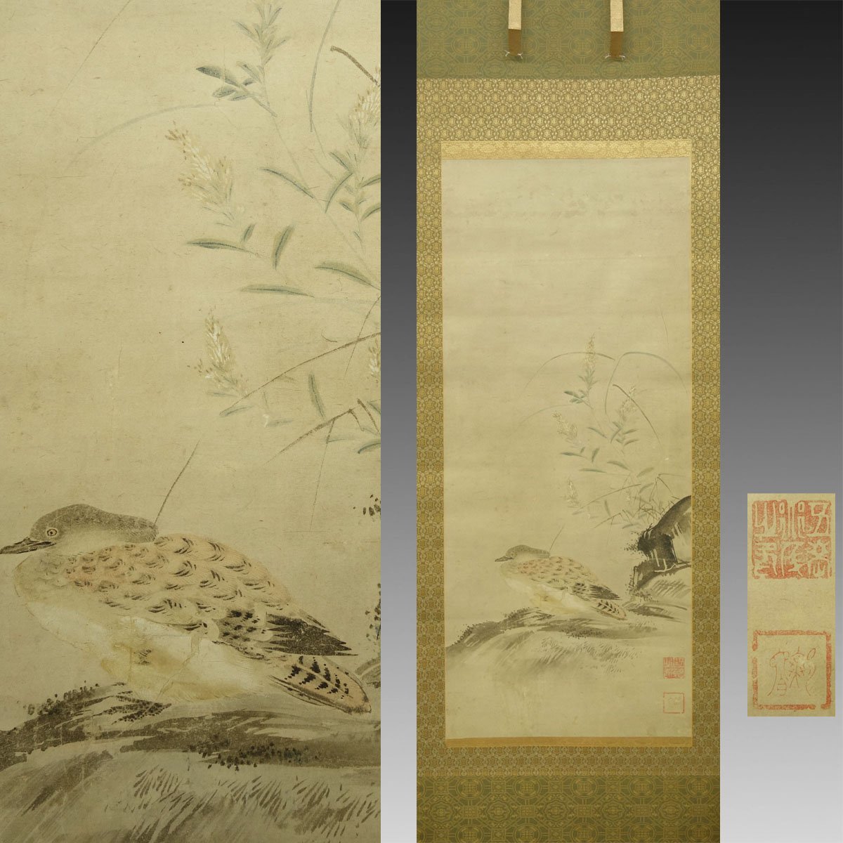 真作】喜聞◇『森川許六 花鳥画 (秋草に水鳥図)』 1幅