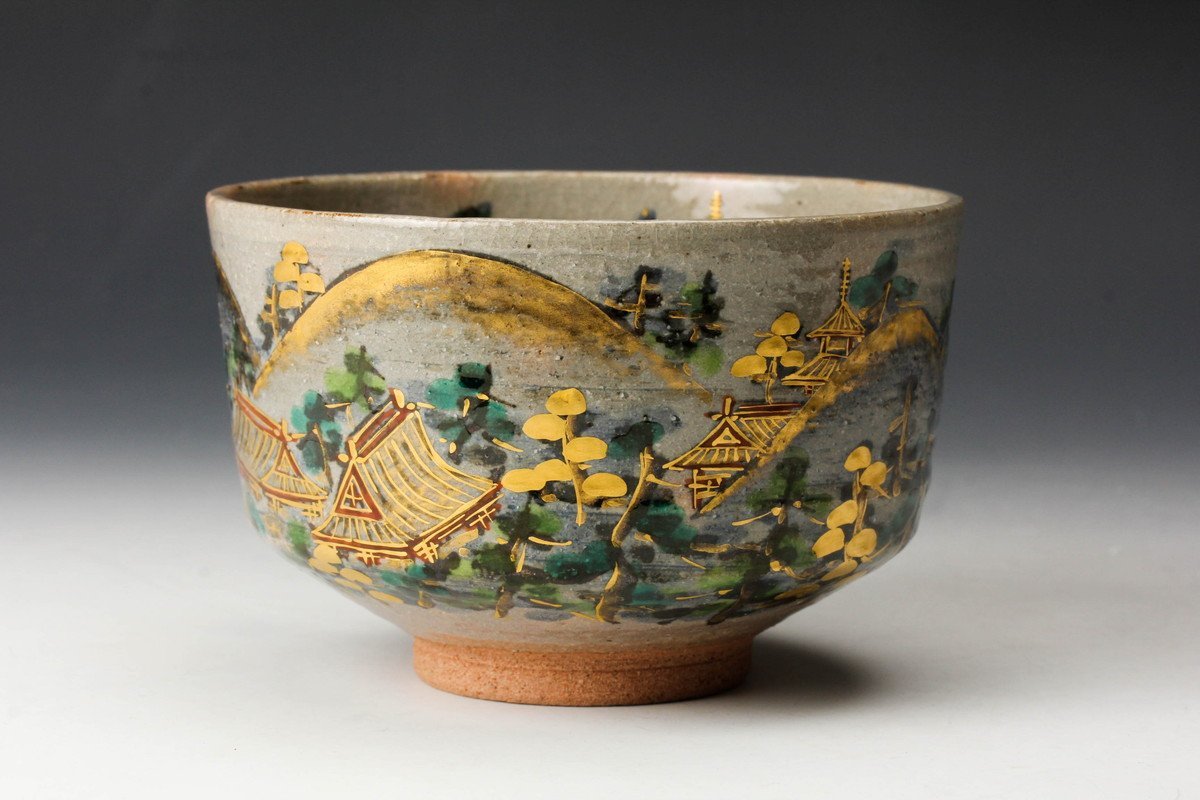 丹山窯 共箱 小峠葛芳 茶碗 メルカリ 茶道具 a36 富士遠望 金彩色
