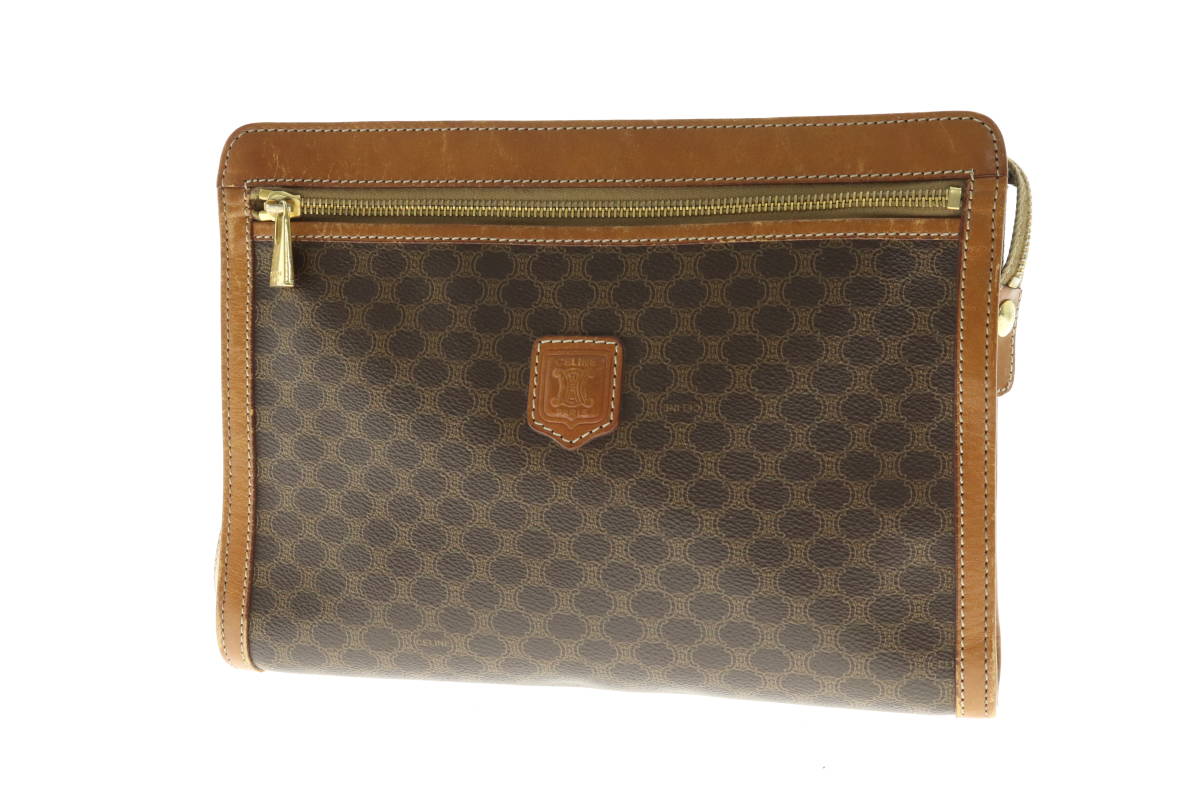 VMPD5-310-34 CELINE セリーヌ クラッチバッグ セカンドバッグ マカダム 総柄 PVC レザー ジップ レディース ブラウン 茶 中古