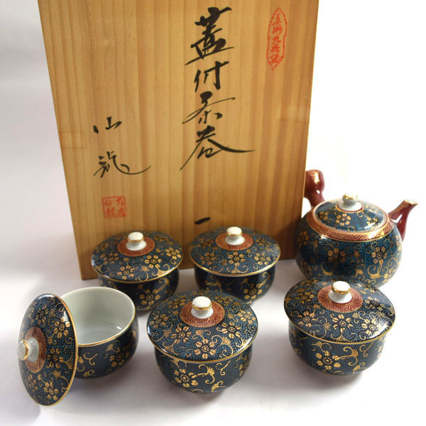 ☆ 九谷焼 九谷松龍造 和食器 九谷焼 青粒 蓋付茶器揃(急須・湯呑5