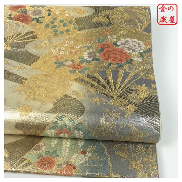 金の蔵屋 正絹 袋帯 西陣 金彩波桧扇紋 金色 古典柄　美品
