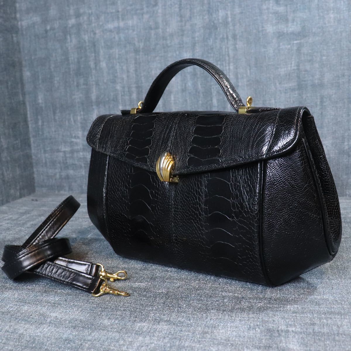 ★１円スタート★ オーストレッグ ゴールド金具 オーストリッチ 2wax バッグ ダチョウ genuine ostrich leg 駝鳥 エキゾチックレザー 1スタ