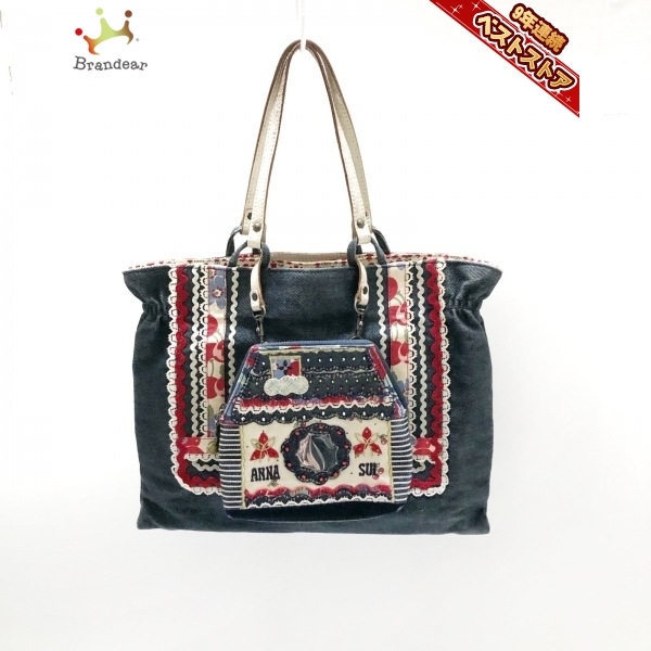 アナスイ ANNA SUI トートバッグ - デニム×コットン×レザー ネイビー 