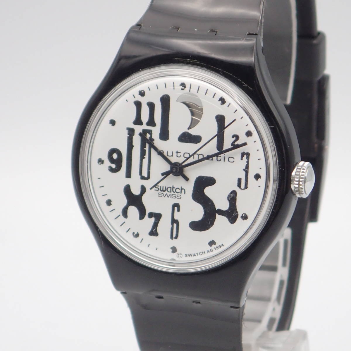 希少スウォッチ 自動巻き 23石 裏スケルトン 赤文字盤 腕時計 デイト