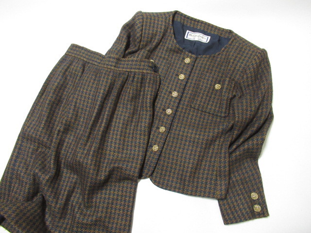 [ap2 BY3374] 90s YVES SAINT LAURENT イヴ サンローラン 肩入り ジャケット / スカート セットアップ size M ビンテージ オールド 90年代