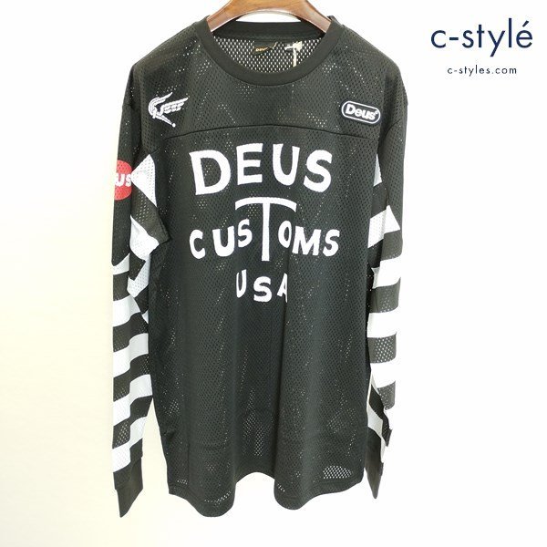 M617a [人気] DEUS EX MACHINA Spit N Shine Moto Jersey XL ブラック×ホワイト 長袖 ロンT メッシュ | トップス R