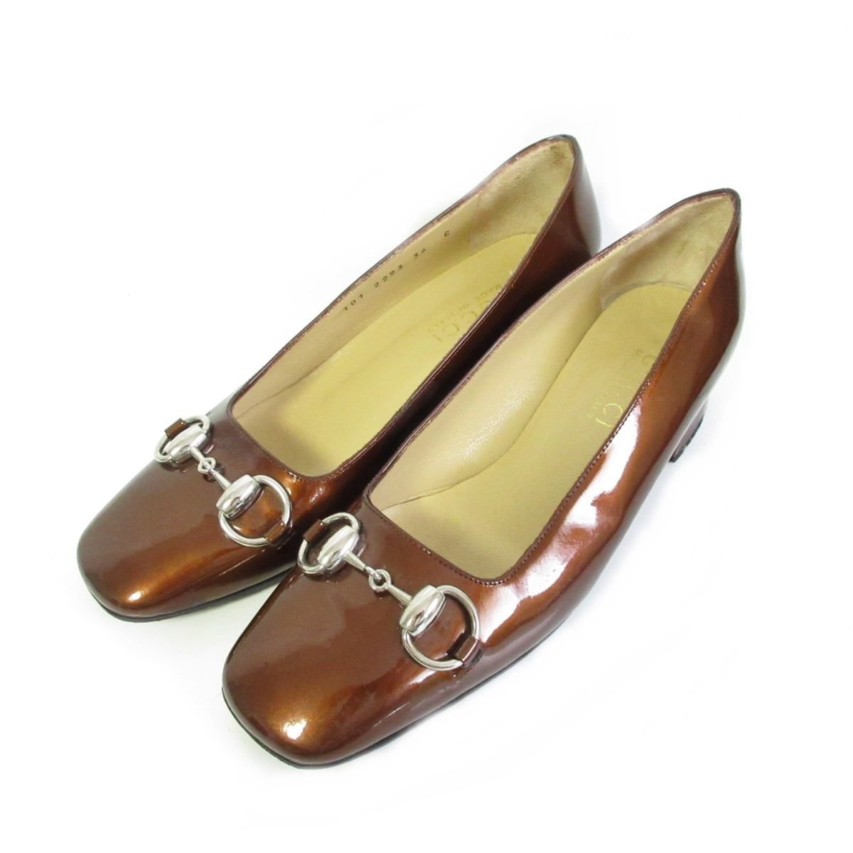 美品 GUCCI グッチ トムフォード期 パテントレザー ホースビット スクエアトゥ チャンキヒール パンプス 36C 約23cm ブラウン