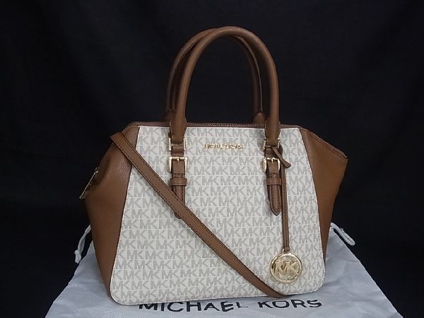1円■極美品■ MICHAEL KORS マイケルコース PVC×レザー 2WAY ハンドバッグ ショルダー 斜め掛けかばん ブラウン系×ホワイト系 AJ7241uN