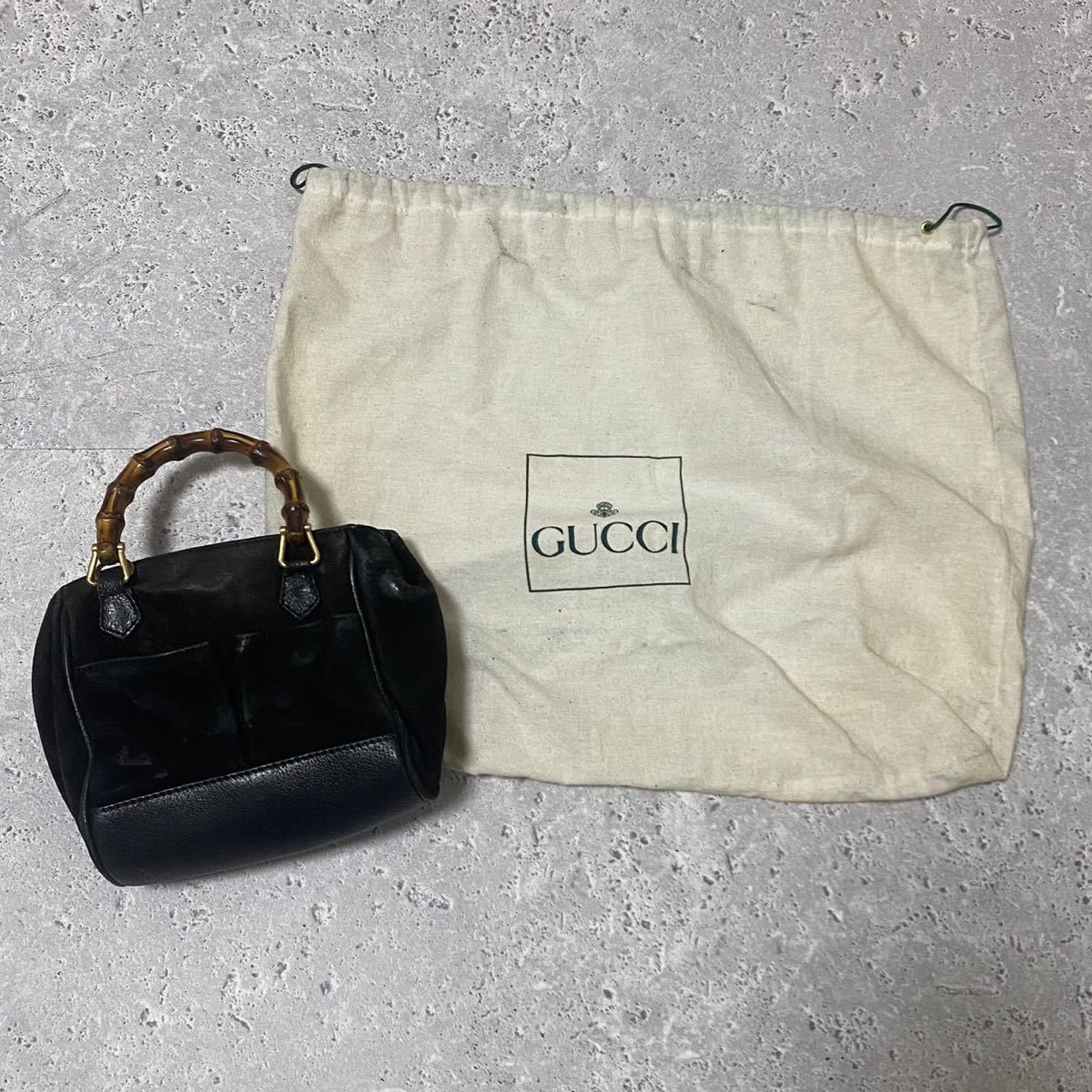 【2-26】 保存袋 付き GUCCI グッチ ミニバッグ ハンドバッグ バンブー レザー ピグスキン 本革 スエード 黒 イタリア製 良品 匿名配送