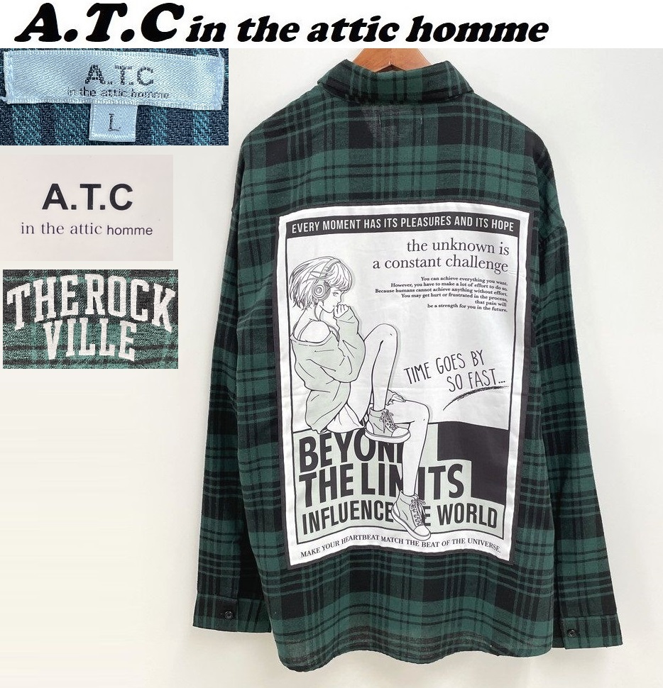 未使用品 /L/ A.T.C in the attic グリーン バックガール イラストチェック 長袖ネルシャツ メンズレディース タグ インジアティック