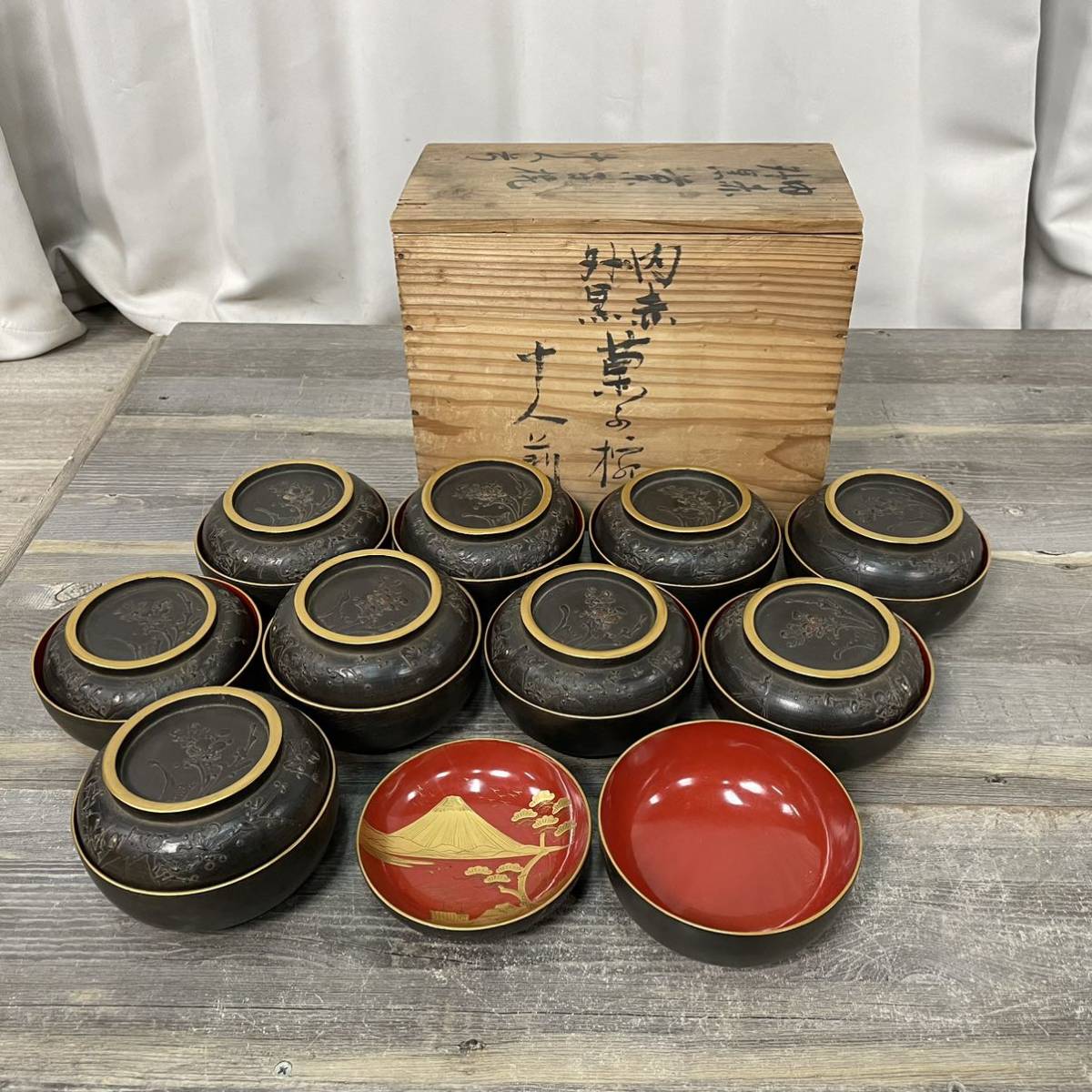 6758 菓子椀 お椀 蓋付 蓋椀 / 木製 漆器 蒔絵 共箱 10客 骨董