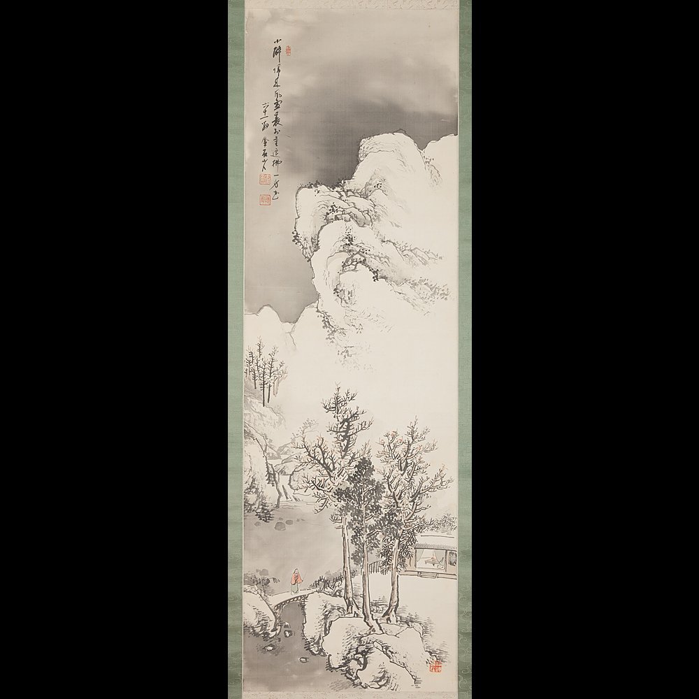 B-3251【真作】平井楳仙 肉筆絹本青緑 夏山雨後 共箱 掛軸/日本画家